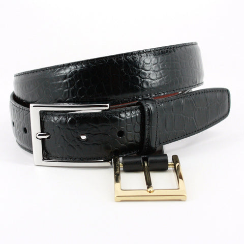 Alligator Grain Embossed Calfskin Belt Double Buckle Option in Black by Torino Leather Co.