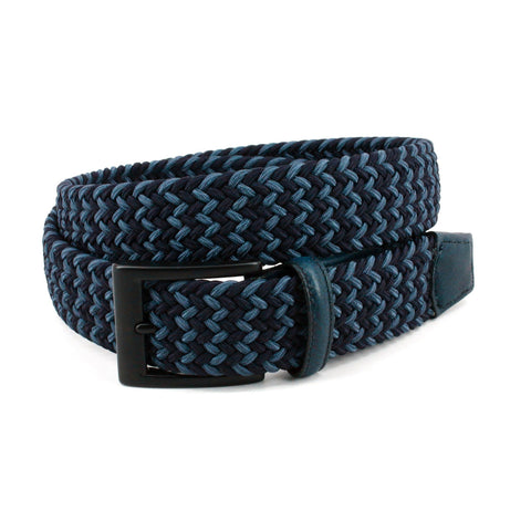 Italian Chevron Braided Stretch Cotton Elastic Belt in Navy/Blue by Torino Leather Co.
