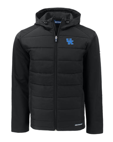 University of Kentucky Evoke Hybrid Eco Softshell Full Zip Hooded Jacket in Black by Cutter & Buck