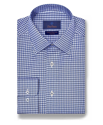 Blue Micro Check Non-Iron Trim Fit Dress Shirt in Blue by David Donahue