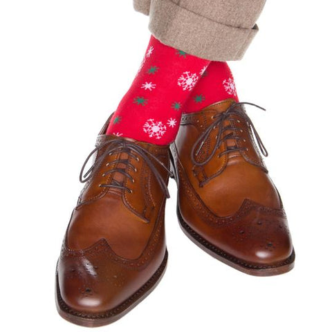 Snowflakes Merino Wool OTC Socks in Red with White & Green by Dapper Classics