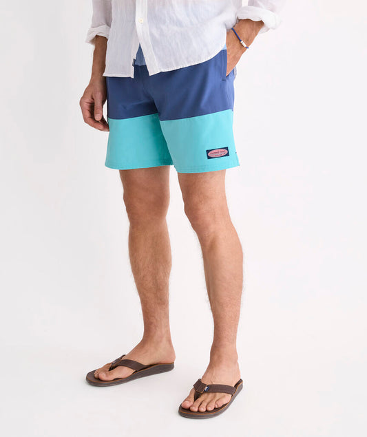 7 Inch Short Liner Colorblock Chappy Swim Trunks in Serenity Blue by Vineyard Vines