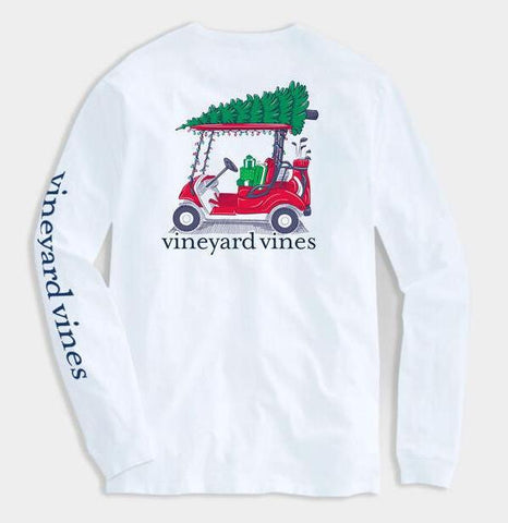 Christmas Golf Cart Long Sleeve Pocket Tee in White Cap by Vineyard Vines