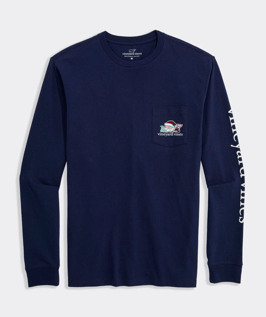 Santa Whale List Long Sleeve Pocket Tee in Nautical Navy by Vineyard Vines