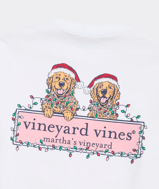 String Lights Pups Logo Box Long Sleeve Pocket Tee in White Cap by Vineyard Vines