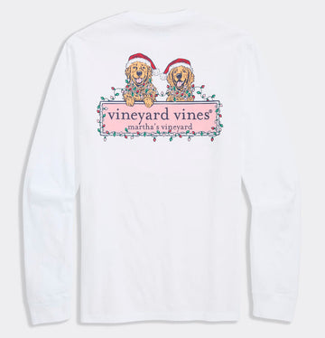 String Lights Pups Logo Box Long Sleeve Pocket Tee in White Cap by Vineyard Vines