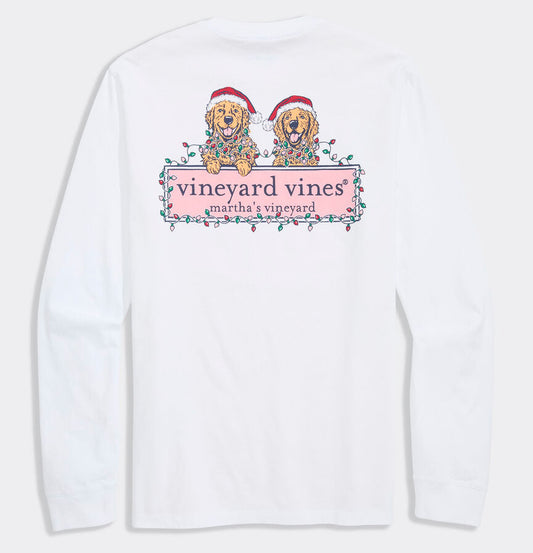 String Lights Pups Logo Box Long Sleeve Pocket Tee in White Cap by Vineyard Vines