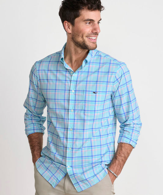 Performance Coconut Key Plaid Featherweight Shirt in Sea Splash by Vineyard Vines