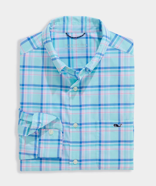 Performance Coconut Key Plaid Featherweight Shirt in Sea Splash by Vineyard Vines