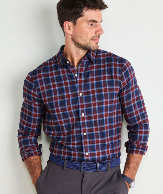 Jethro Plaid Tech Twill Shirt in Crimson by Vineyard Vines