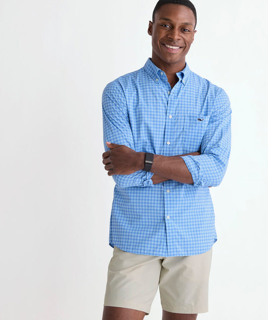 Performance Lemon Shark Gingham Featherweight Shirt in Jake Blue by Vineyard Vines