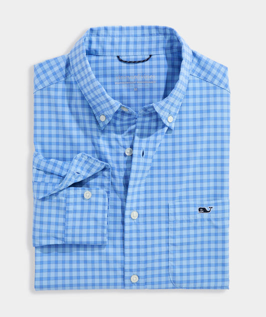 Performance Lemon Shark Gingham Featherweight Shirt in Jake Blue by Vineyard Vines