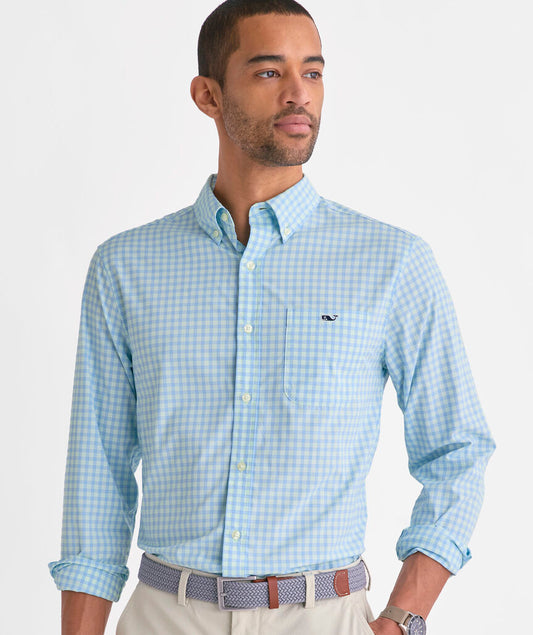 Performance Lemon Shark Gingham Featherweight Shirt in Aqua Glass by Vineyard Vines