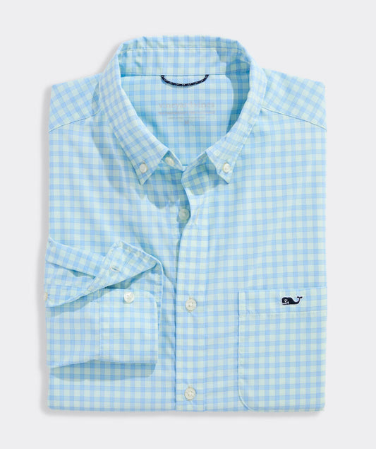 Performance Lemon Shark Gingham Featherweight Shirt in Aqua Glass by Vineyard Vines