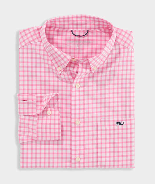 Performance Lemon Shark Gingham Featherweight Shirt in Pink Drink by Vineyard Vines