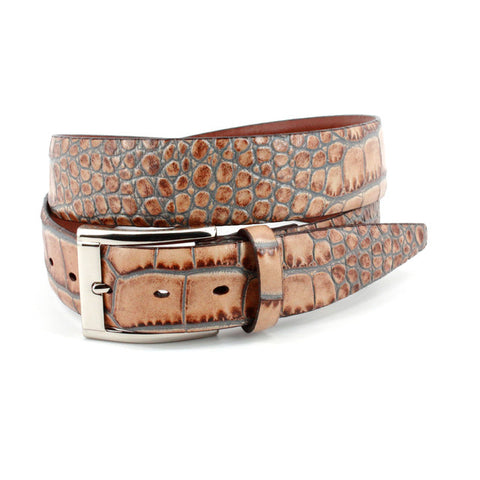 Faux Crocodile Embossed Dress Casual Calfskin Belt in Taupe/Blue by Torino Leather Co.