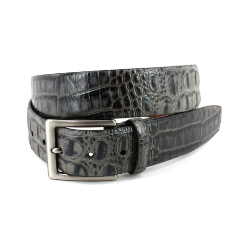 Hornback Crocodile Embossed Calfskin Belt in Grey by Torino Leather Co.