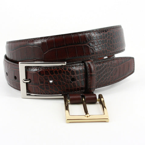Alligator Grain Embossed Calfskin Belt Double Buckle Option in Brown by Torino Leather Co.