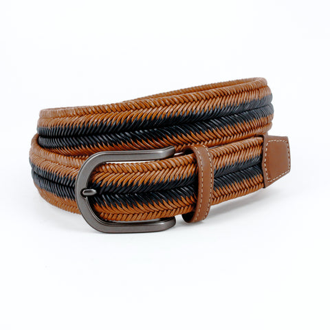 Two-Tone Italian Woven Herringbone Stretch Leather Belt in Saddle/Navy by Torino Leather Co.