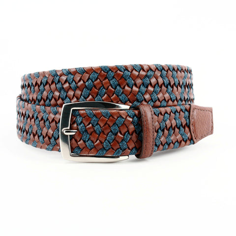 Italian Braided Leather & Linen Belt in Cognac/Navy by Torino Leather Co.