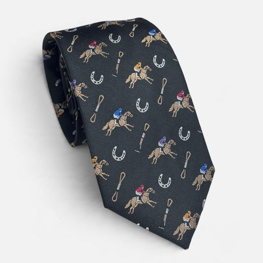 "Riders Up" 100% Silk Neck Tie in Black by Logan's