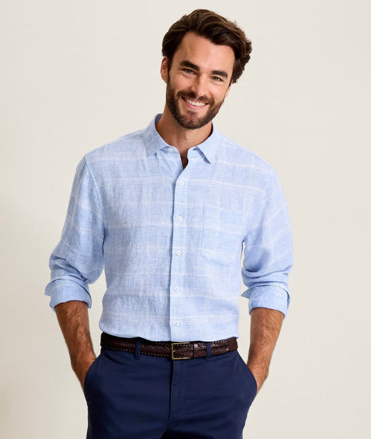 Paradisio Plaid Linen Long-Sleeve Shirt in Light Sky by Tommy Bahama