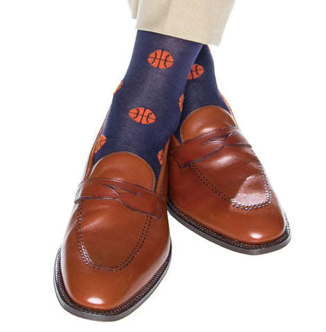 Classic Navy With Tigerlily Orange Basketball Mid Calf Socks by Dapper Classics