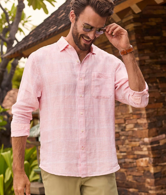 Paradisio Plaid Linen Long-Sleeve Shirt in Passion Peach by Tommy Bahama