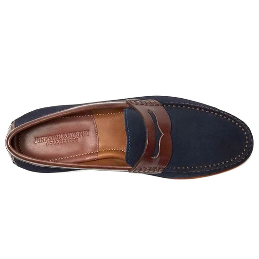 Baldwin Penny Loafer in Navy Waxed English Suede/Brown Full Grain Leather by Johnston & Murphy