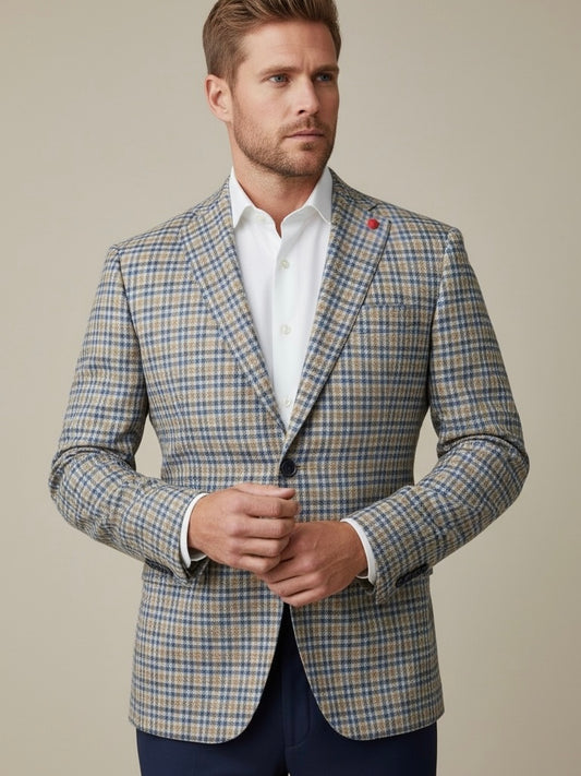 Wool, Silk & Linen Blend Plaid Sport Coat in Tan/Blue by TailoRed