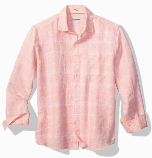 Paradisio Plaid Linen Long-Sleeve Shirt in Passion Peach by Tommy Bahama