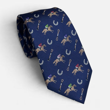 "Riders Up" 100% Silk Neck Tie in Navy Blue by Logan's