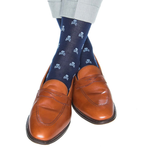 Classic Navy With White Skull and Crossbones Mid-Calf Socks by Dapper Classics