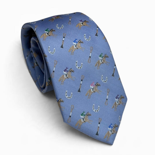 "Riders Up" 100% Silk Neck Tie in Sky Blue by Logan's