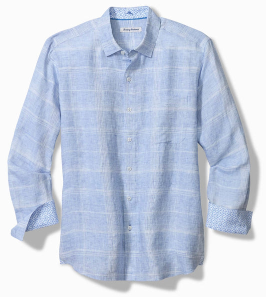 Paradisio Plaid Linen Long-Sleeve Shirt in Light Sky by Tommy Bahama