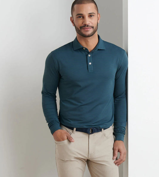 Lyons Stripe Performance Jersey Long-Sleeve Polo in Nordic Pine by Peter Millar