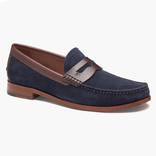 Baldwin Penny Loafer in Navy Waxed English Suede/Brown Full Grain Leather by Johnston & Murphy