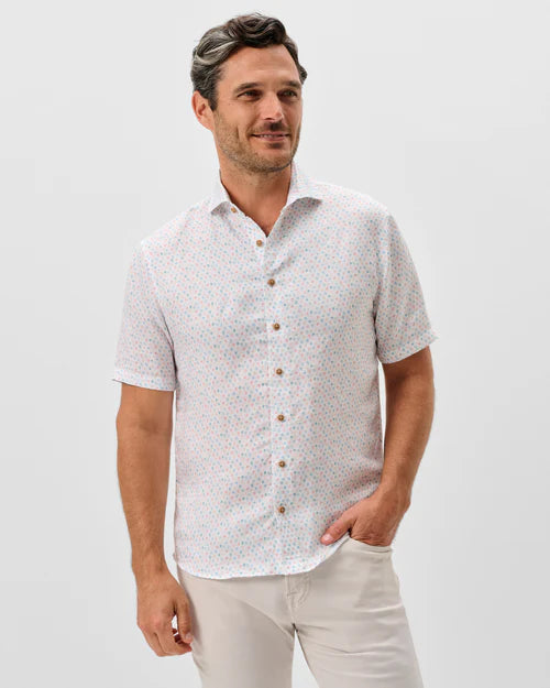 Cash Bar Linen Blend Short Sleeve Button Down Shirt in White by Johnnie-O