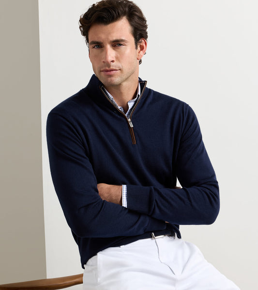 Autumn Crest Suede Trim Quarter-Zip in Navy by Peter Millar
