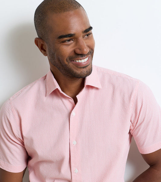 Coastal Stripe Cotton Lyocell Sport Shirt in Venetian Pink by Peter Millar