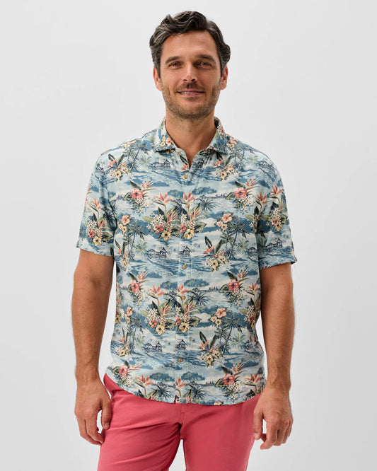 Almanzo Short Sleeve Hangin' Out Button Down Shirt in Laguna Blue by Johnnie-O