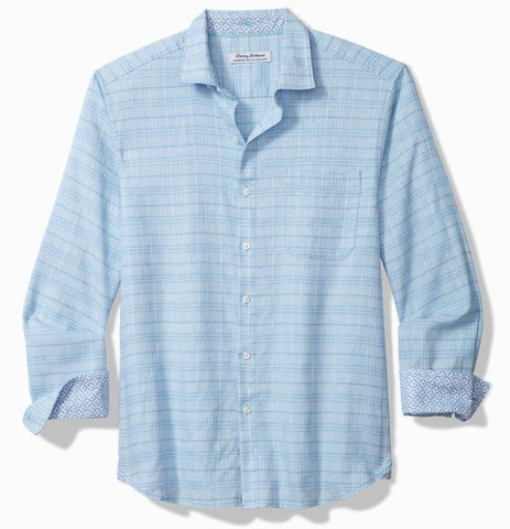 Barbados Breeze Playa Plaid Stretch Linen Long Sleeve Shirt in Aqua Ice by Tommy Bahama