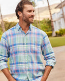 Barbados Breeze Villa Check Stretch-Linen Shirt in Hummingbird Blue by Tommy Bahama