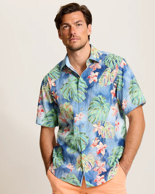 Nova Wave Mira Jungle Cotton-Blend Shirt in Bering Blue by Tommy Bahama