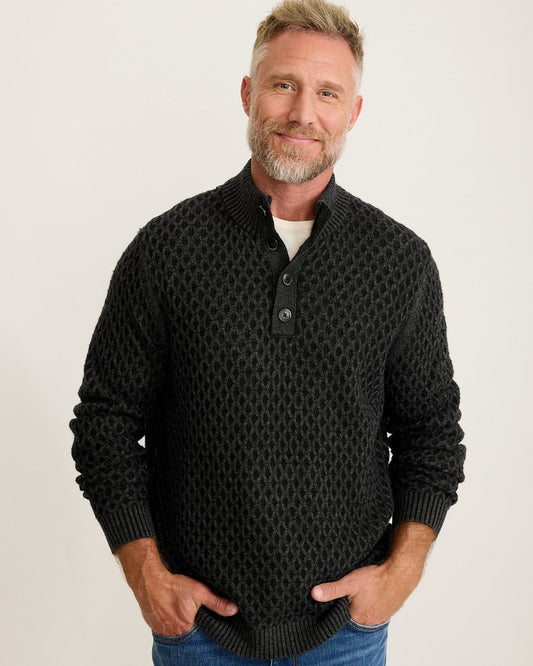 Cross Cable Button-Neck Sweater in Black by Tommy Bahama
