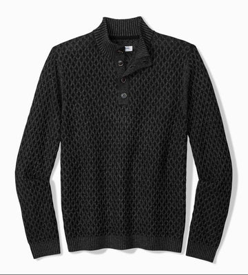 Cross Cable Button-Neck Sweater in Black by Tommy Bahama