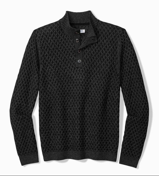 Cross Cable Button-Neck Sweater in Black by Tommy Bahama
