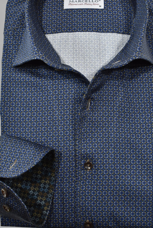 Long-Sleeve Dress Shirt in Navy Concentric Geometric by Marcello