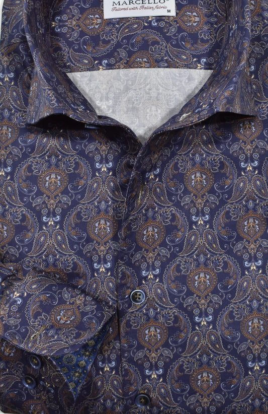 Long-Sleeve Dress Shirt in Lagos Navy Paisley by Marcello