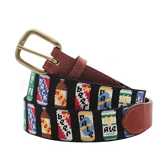 Beer Cans Needlepoint Belt on Black by Smathers & Branson